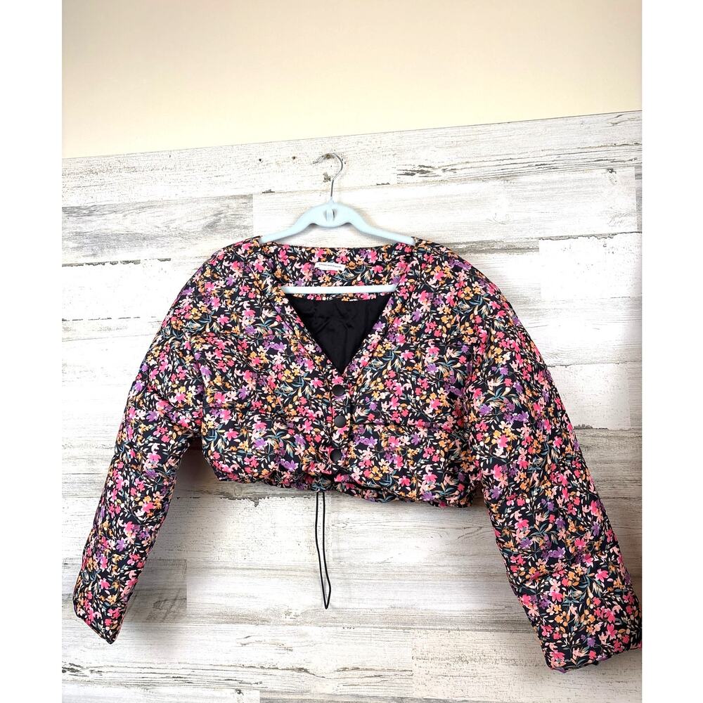 Lovers And Friends Womens XS Bright Floral Cropped Puff Nylon Jacket NEW